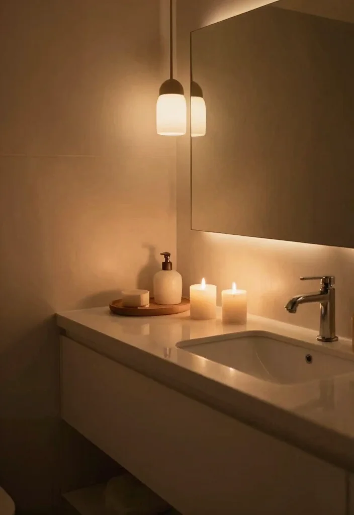 10 Beige Toilet Bathroom Ideas with Soft Neutral Style 5. Soft Lighting 0