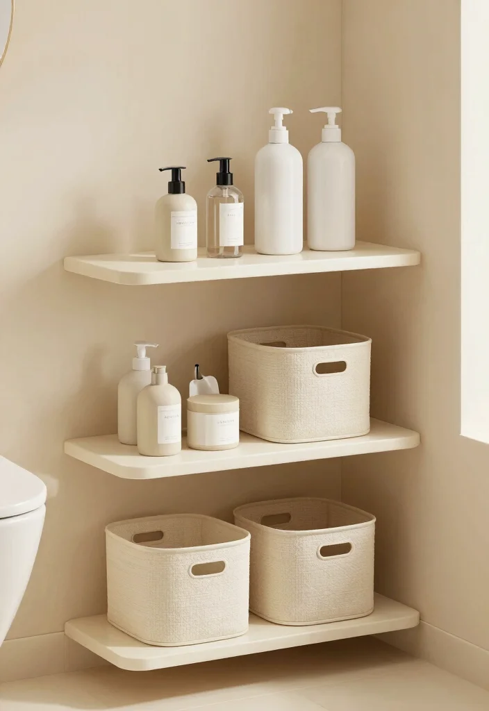 10 Beige Toilet Bathroom Ideas with Soft Neutral Style 8. Simple Storage Solutions 0