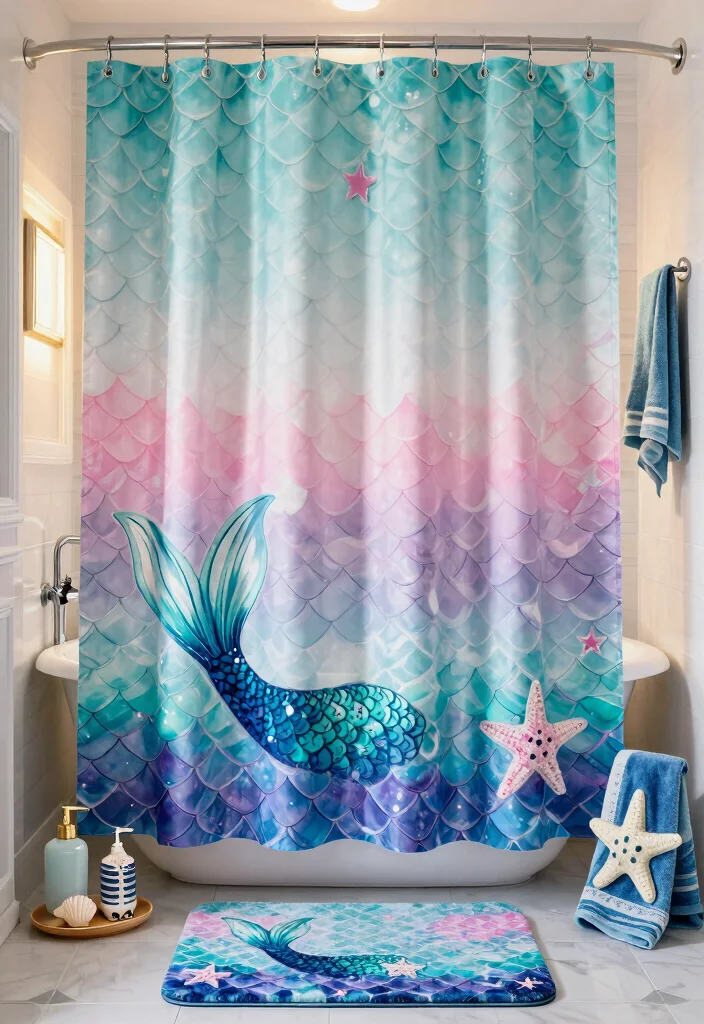 10 Mermaid Bathroom Ideas for a Fun Coastal Theme 1. Magical Mermaid Shower Curtain 0