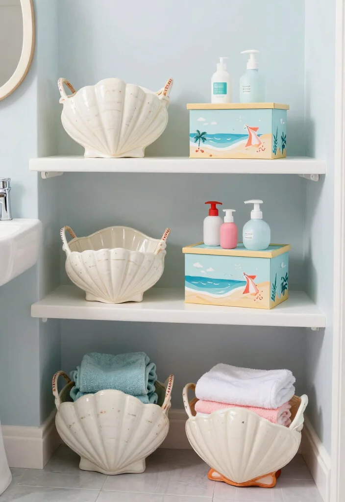 10 Mermaid Bathroom Ideas for a Fun Coastal Theme 7. Shell Inspired Storage Solutions 0
