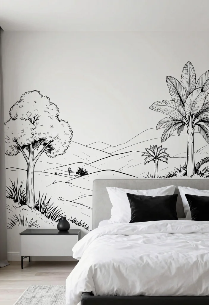 12 Bedroom Mural Ideas for Artistic Statement Walls 8. Minimalist Black and White Murals 0