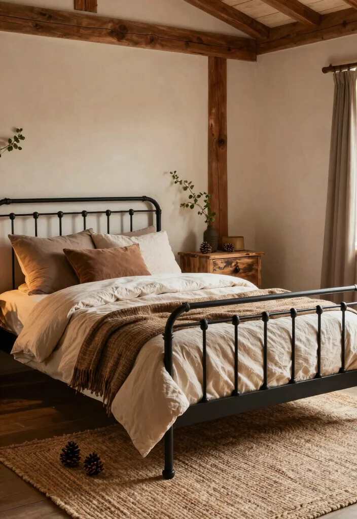 12 Black Iron Bed Frame Bedroom Ideas with Classic Edge 4. Rustic Retreat 0