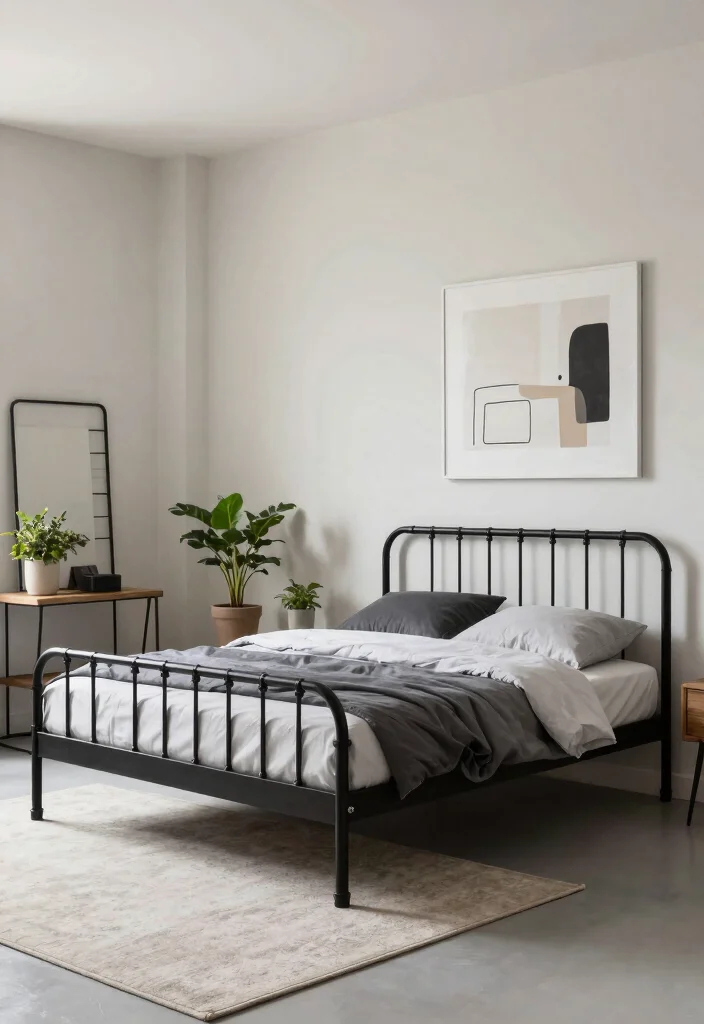 12 Black Iron Bed Frame Bedroom Ideas with Classic Edge 6. Modern Industrial Mix 0