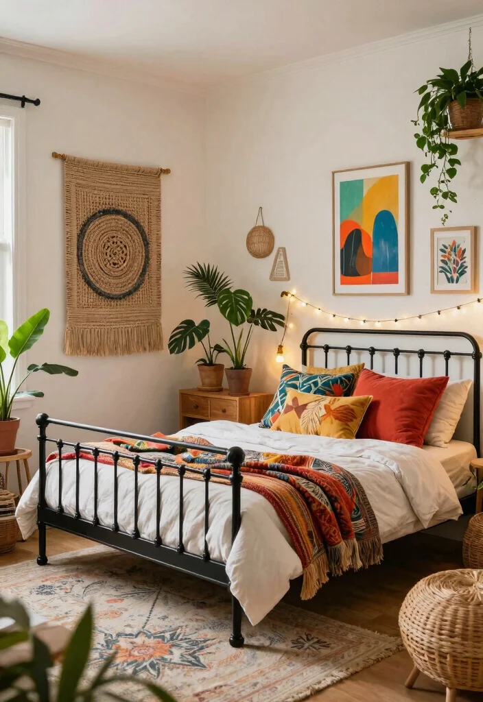 12 Black Iron Bed Frame Bedroom Ideas with Classic Edge 9. Bohemian Bliss 0
