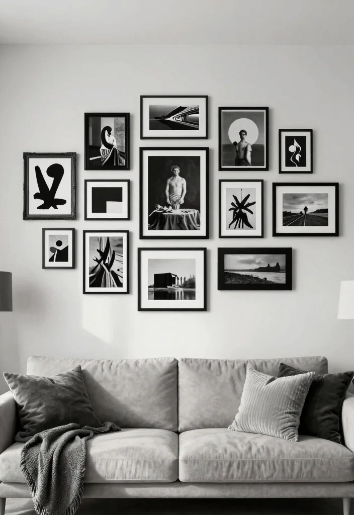 12 Canvas Picture Wall Ideas for Living Room Decor 7. Black and White Elegance 0