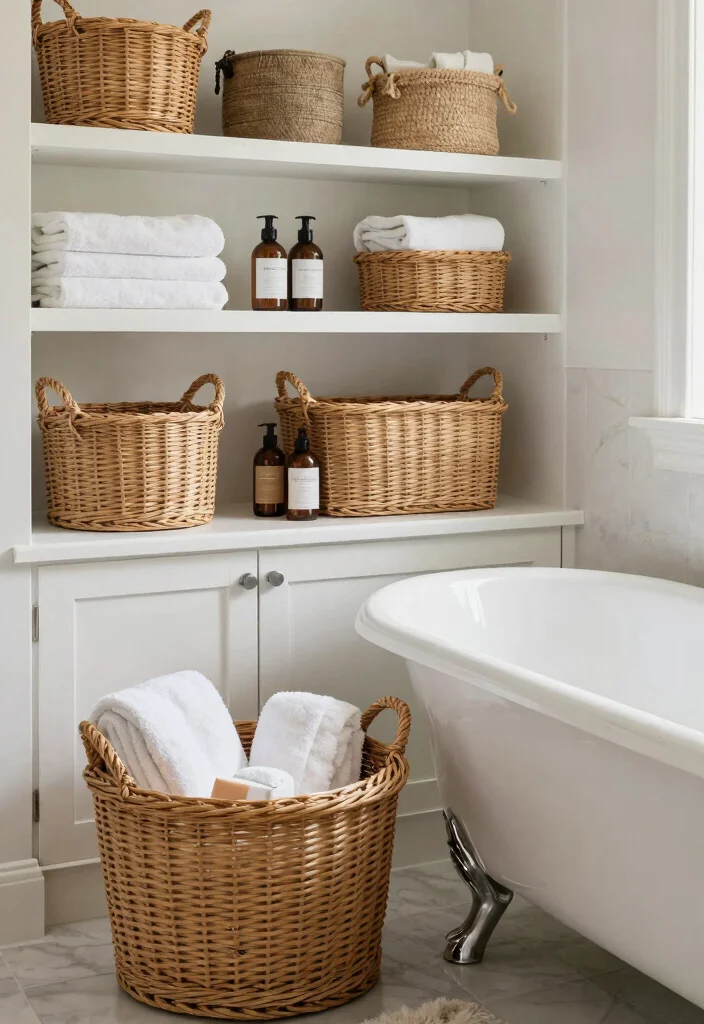 12 Country Style Bathroom Ideas with Timeless Charm 11. Decorative Baskets 0