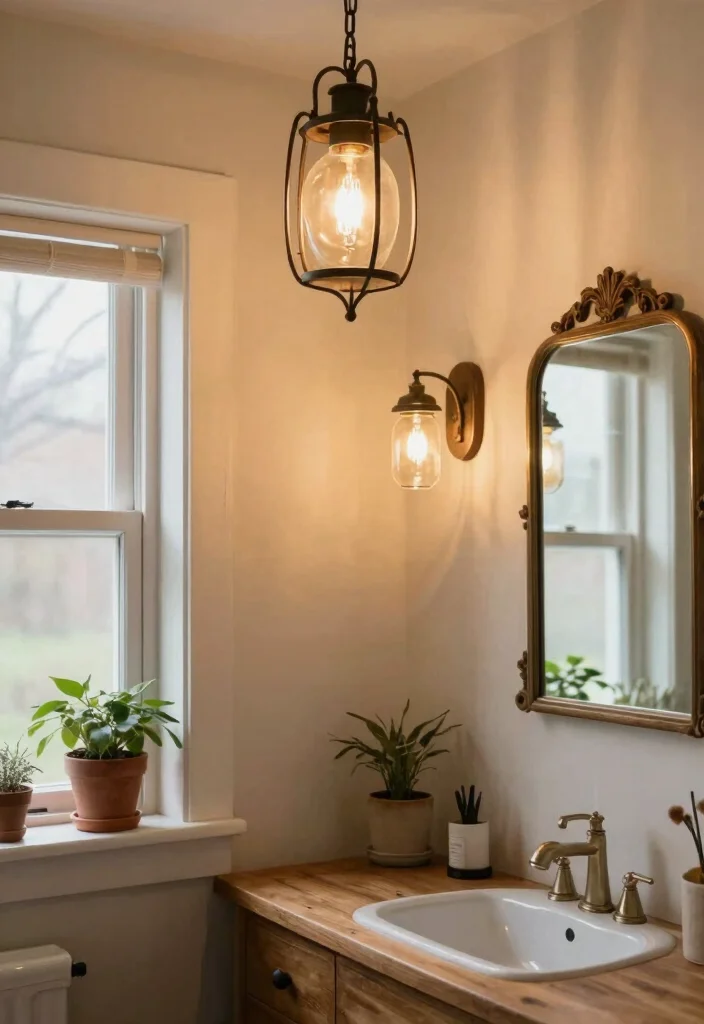 12 Country Style Bathroom Ideas with Timeless Charm 2. Vintage Lighting Fixtures 0