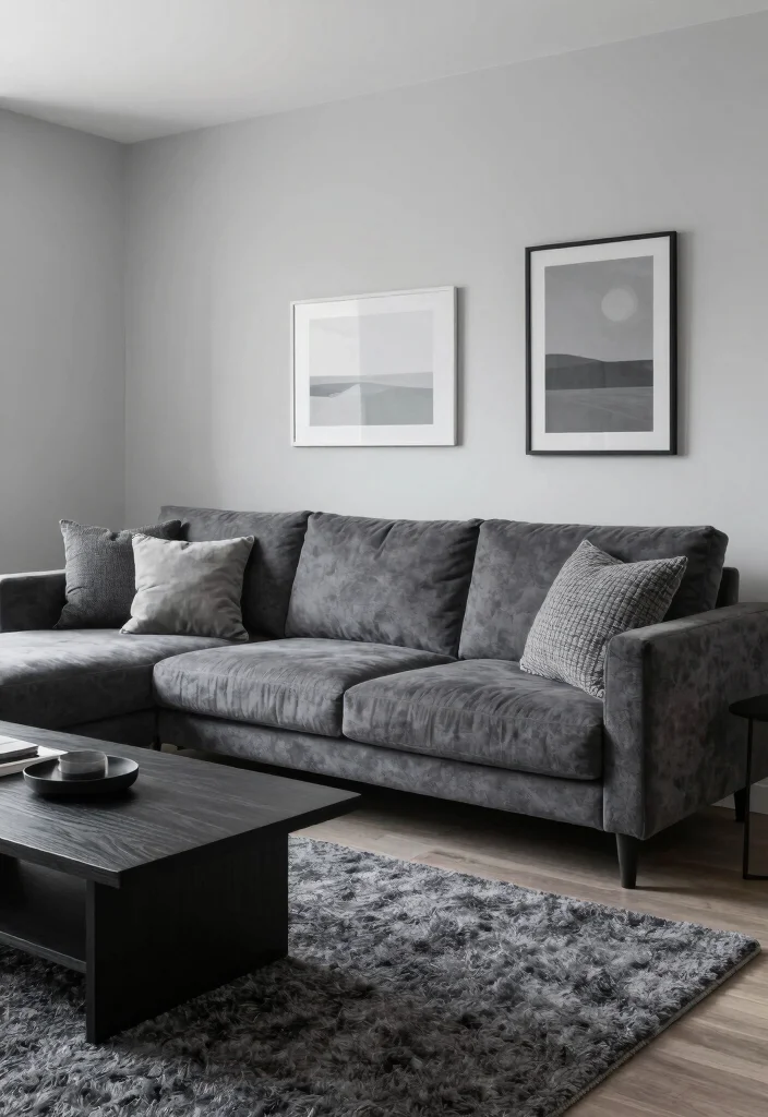 12 Dark Grey Couch Living Room Color Scheme Ideas 1. Monochromatic Magic 0