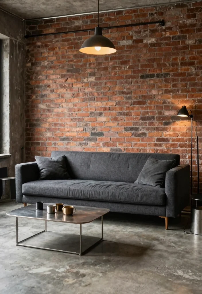 12 Dark Grey Couch Living Room Color Scheme Ideas 10. Industrial Chic with Metal Accents 0