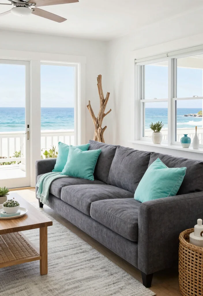 12 Dark Grey Couch Living Room Color Scheme Ideas 11. Bright and Airy Coastal Feel 0