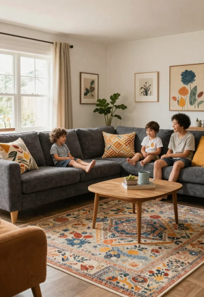 12 Dark Grey Couch Living Room Color Scheme Ideas 12. Warm and Welcoming Family Space 0