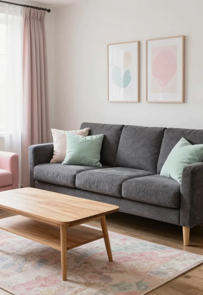 12 Dark Grey Couch Living Room Color Scheme Ideas 2. Soft Pastels for a Gentle Touch 0