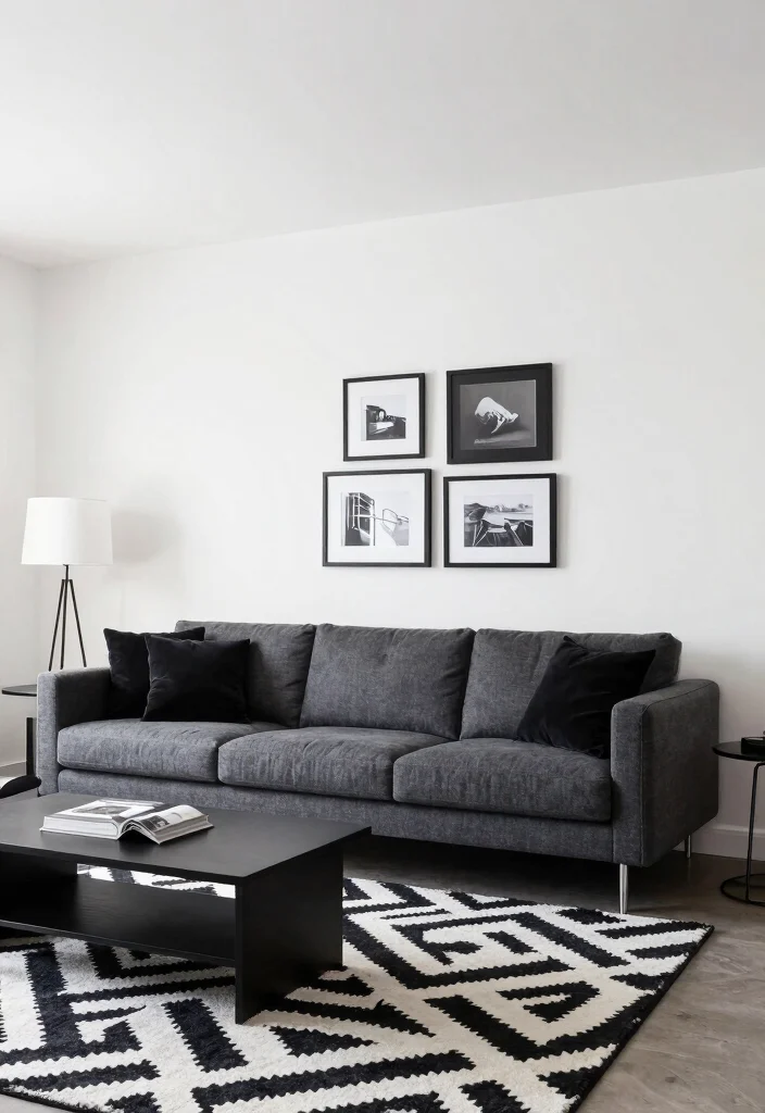 12 Dark Grey Couch Living Room Color Scheme Ideas 5. Crisp Black and White 0