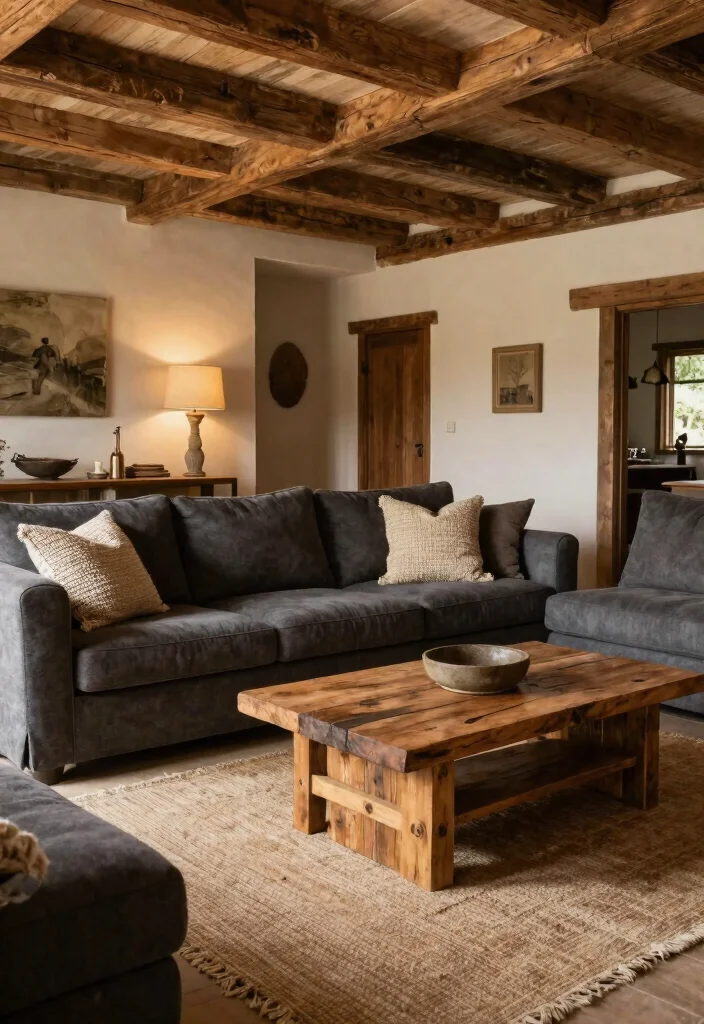 12 Dark Grey Couch Living Room Color Scheme Ideas 6. Rustic Charm with Warm Woods 0