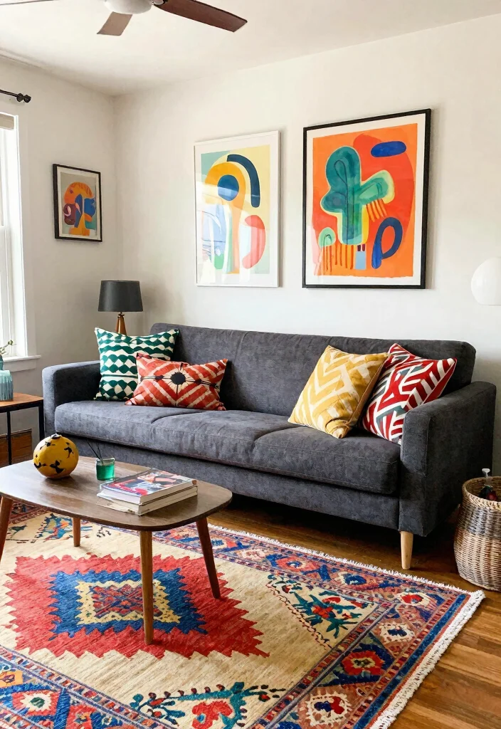 12 Dark Grey Couch Living Room Color Scheme Ideas 7. Artistic Vibes with Bold Patterns 0