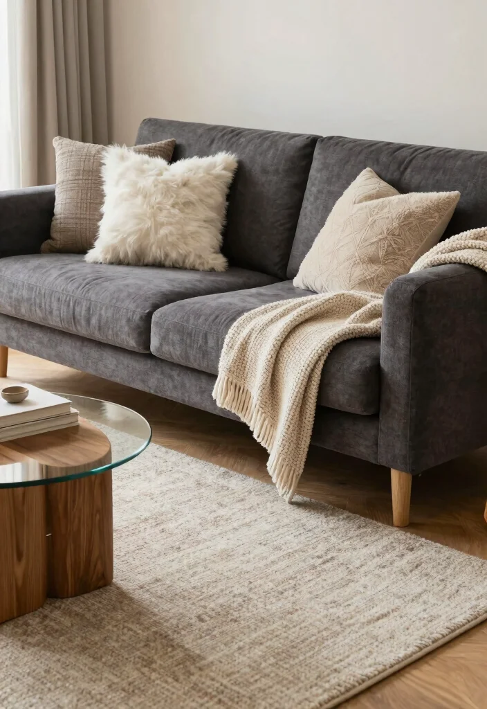 12 Dark Grey Couch Living Room Color Scheme Ideas 8. Soft Textures and Layers 0