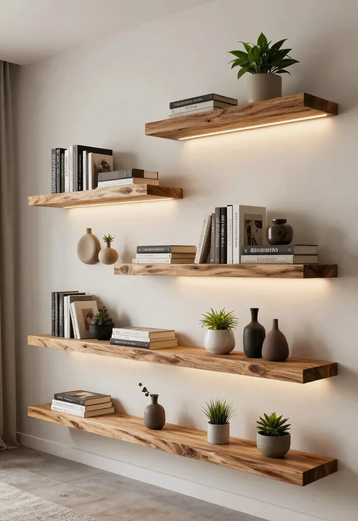 12 Eco-Friendly Living Room Niche Ideas for Storage and Display 25 12 Eco Friendly Living Room Niche Ideas for Storage and Display 5. Floating Shelves with a Twist 0