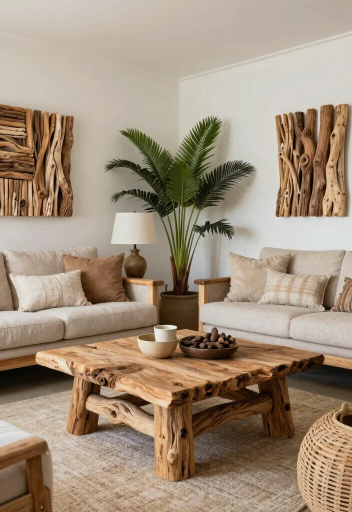 12 Florida Living Room Ideas with Light Coastal Vibes 10. Driftwood Accents 0