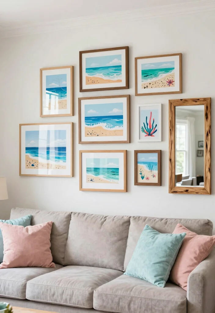 12 Florida Living Room Ideas with Light Coastal Vibes 4. Beach Inspired Artwork 0