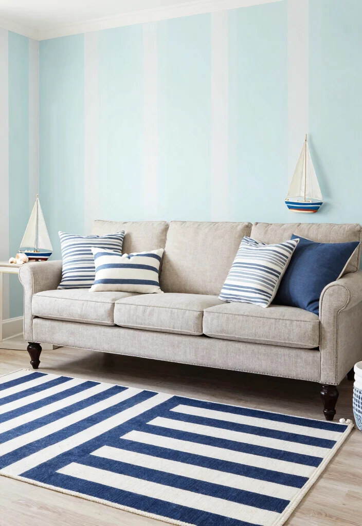 12 Florida Living Room Ideas with Light Coastal Vibes 8. Nautical Stripes 0