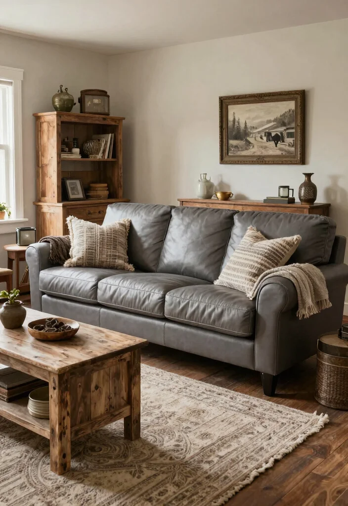 12 Gray Leather Couch Living Room Ideas with Modern Style 11. Farmhouse Charm 0