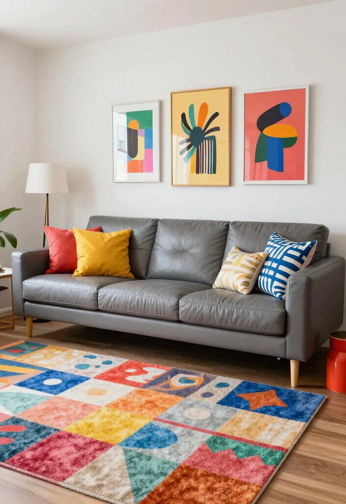 12 Gray Leather Couch Living Room Ideas with Modern Style 12. Playful Color Palette 0