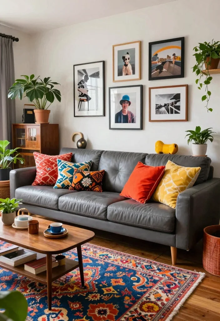 12 Gray Leather Couch Living Room Ideas with Modern Style 2. Eclectic Mix 0