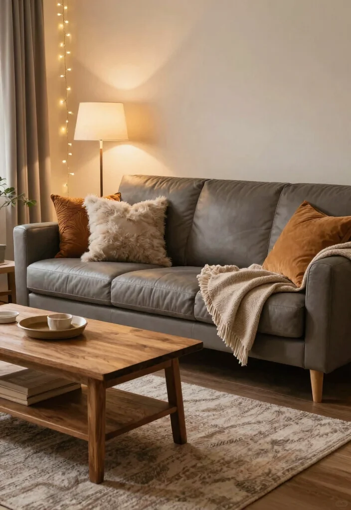 12 Gray Leather Couch Living Room Ideas with Modern Style 5. Warm and Cozy 0