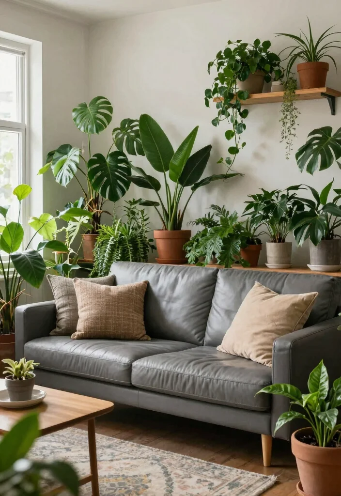12 Gray Leather Couch Living Room Ideas with Modern Style 6. Urban Jungle 0