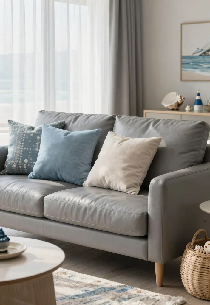 12 Gray Leather Couch Living Room Ideas with Modern Style 7. Coastal Calm 0