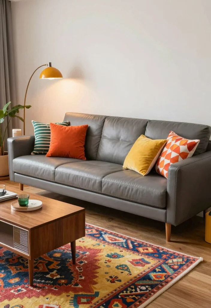 12 Gray Leather Couch Living Room Ideas with Modern Style 8. Retro Vibes 0