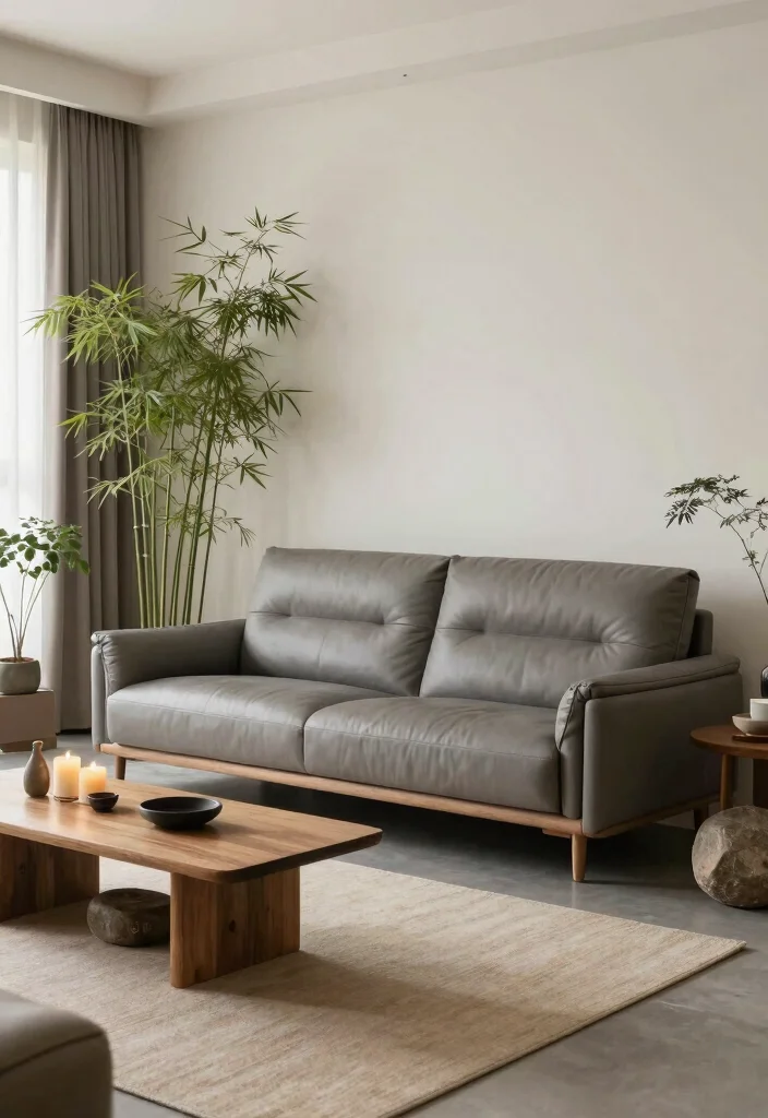 12 Gray Leather Couch Living Room Ideas with Modern Style 9. Zen Retreat 0