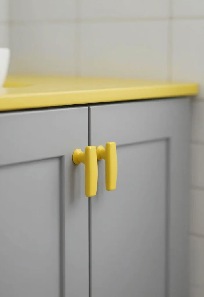 12 Gray and Yellow Bathroom Ideas for Fresh Contrast 50 12 Gray and Yellow Bathroom Ideas for Fresh Contrast 10. Gray Cabinets with Yellow Hardware 0