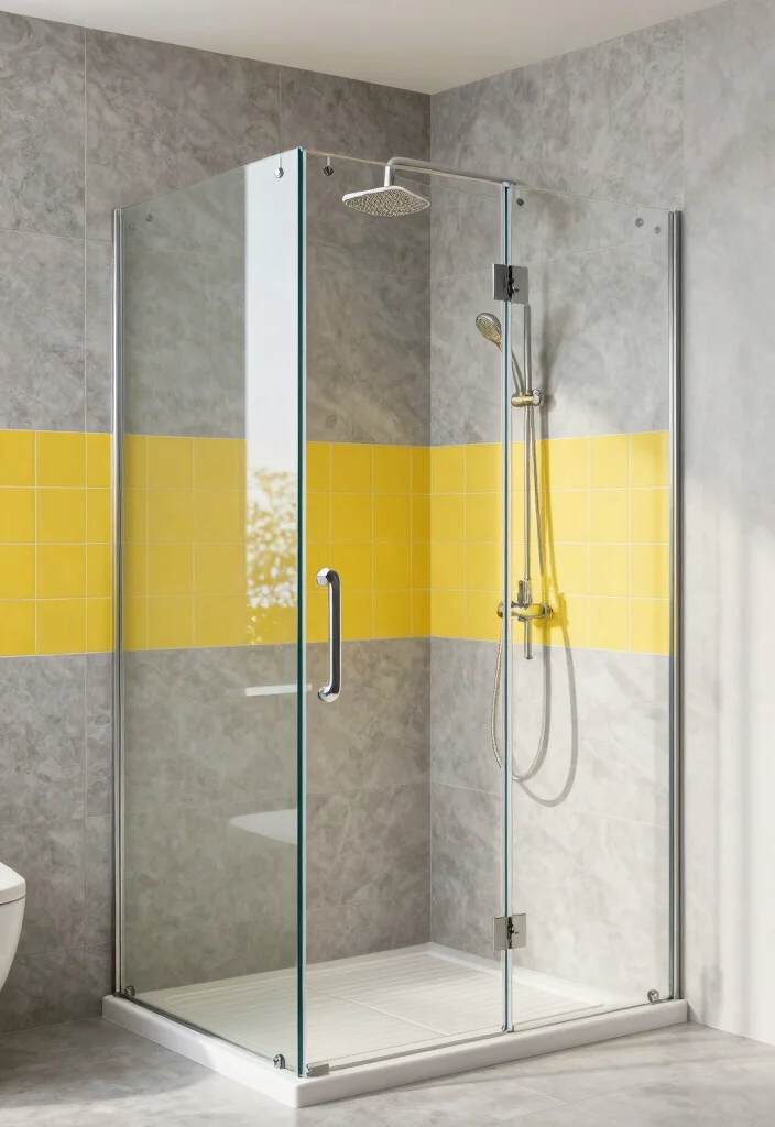12 Gray and Yellow Bathroom Ideas for Fresh Contrast 61 12 Gray and Yellow Bathroom Ideas for Fresh Contrast 11. Gray Shower Tiles with Yellow Accents 0