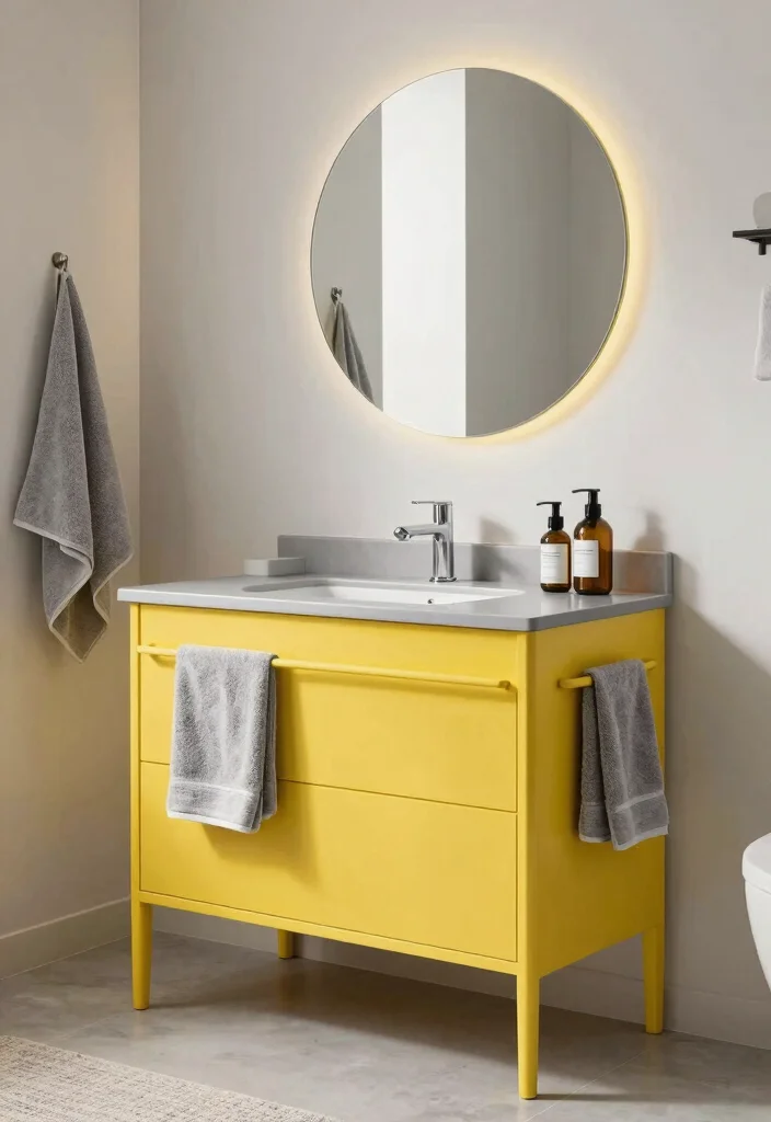 12 Gray and Yellow Bathroom Ideas for Fresh Contrast 13 12 Gray and Yellow Bathroom Ideas for Fresh Contrast 3. Yellow Vanity with Gray Accents 0