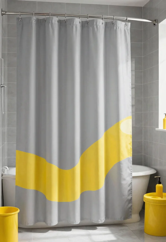 12 Gray and Yellow Bathroom Ideas for Fresh Contrast 26 12 Gray and Yellow Bathroom Ideas for Fresh Contrast 6. Yellow Accents in Gray Shower Curtains 0