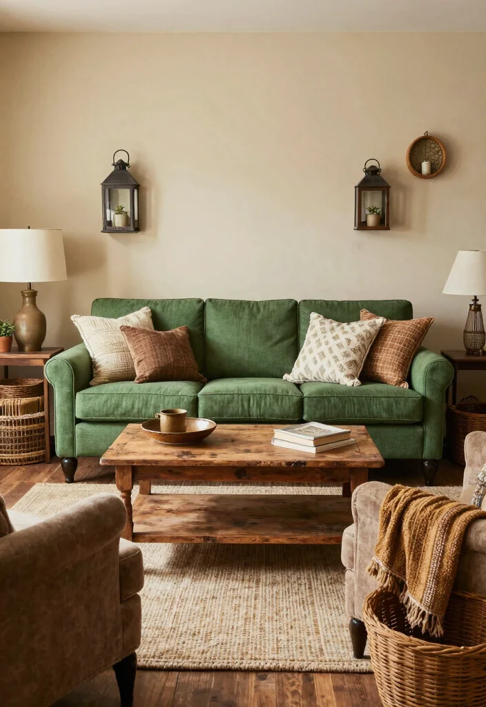12 Green Sofa Living Room Ideas for Fresh Color 49 12 Green Sofa Living Room Ideas for Fresh Color 9. Rustic Green for a Farmhouse Feel 0