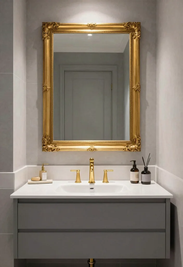 12 Grey Bathroom Ideas with a Pop of Color 12. Chic Gold Accents 0