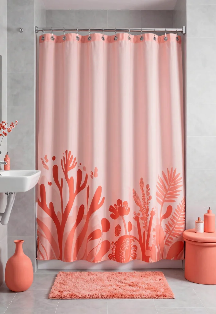 12 Grey Bathroom Ideas with a Pop of Color 2. Vibrant Coral Touches 0