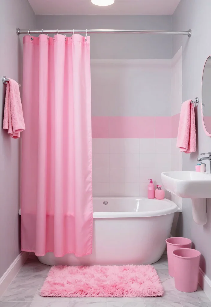 12 Grey Bathroom Ideas with a Pop of Color 5. Playful Pink Details 0