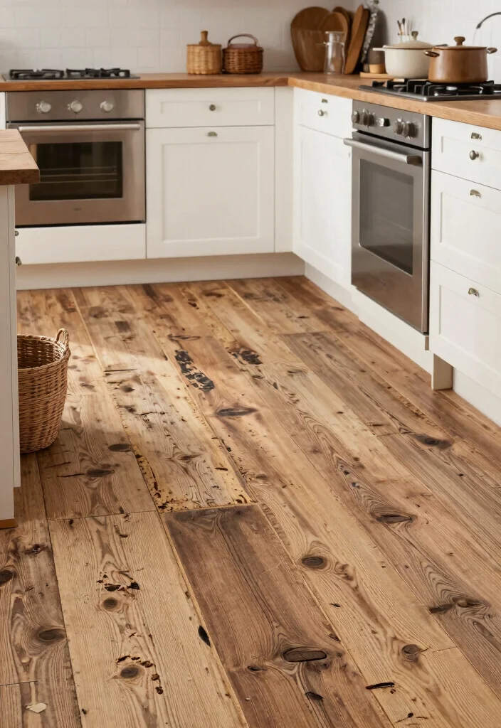 12 Kitchen Wood Flooring Ideas for Natural Warmth 27 12 Kitchen Wood Flooring Ideas for Natural Warmth 7. Distressed Wood Flooring 0