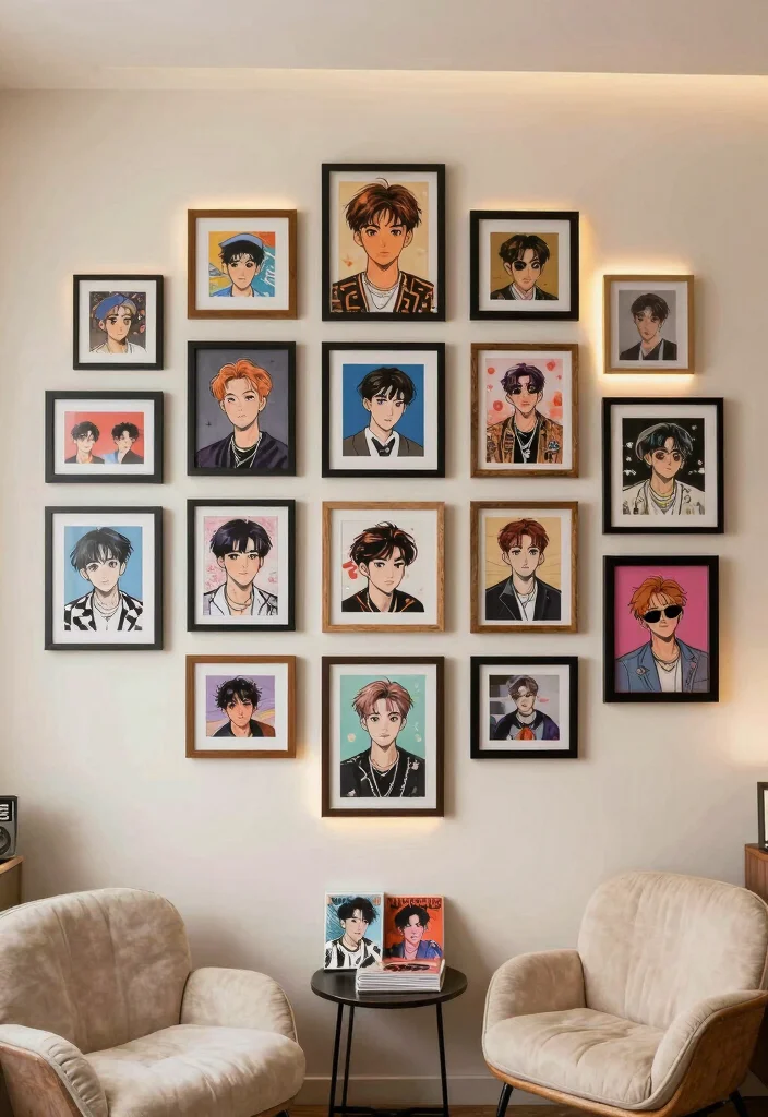 12 Kpop Bedroom Ideas with Trendy Fan Aesthetic 1. Gallery Wall of Fan Art 0