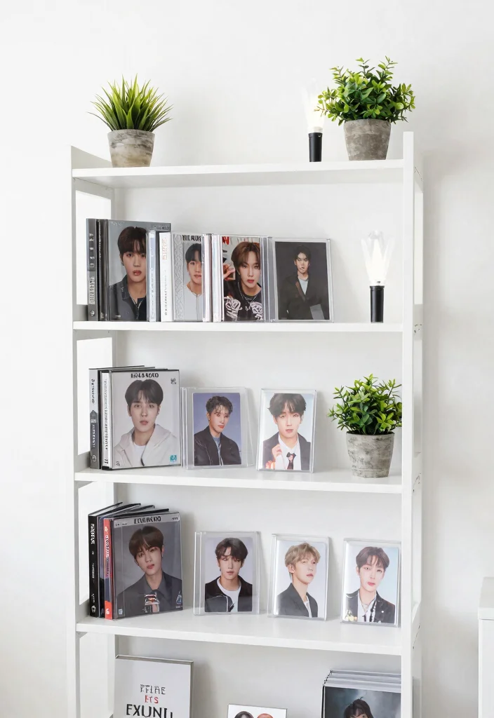 12 Kpop Bedroom Ideas with Trendy Fan Aesthetic 3. Minimalist Kpop Merch Display 0