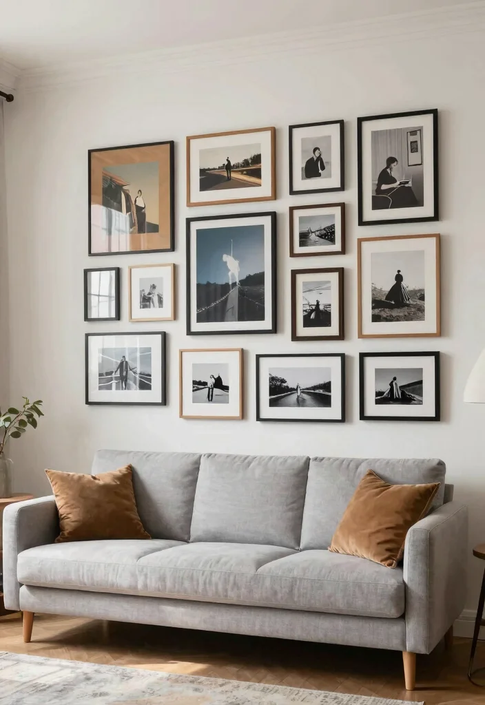 12 Light Gray Sofa Living Room Ideas for Easy Styling 27 12 Light Gray Sofa Living Room Ideas for Easy Styling 7. Create a Gallery Wall 0