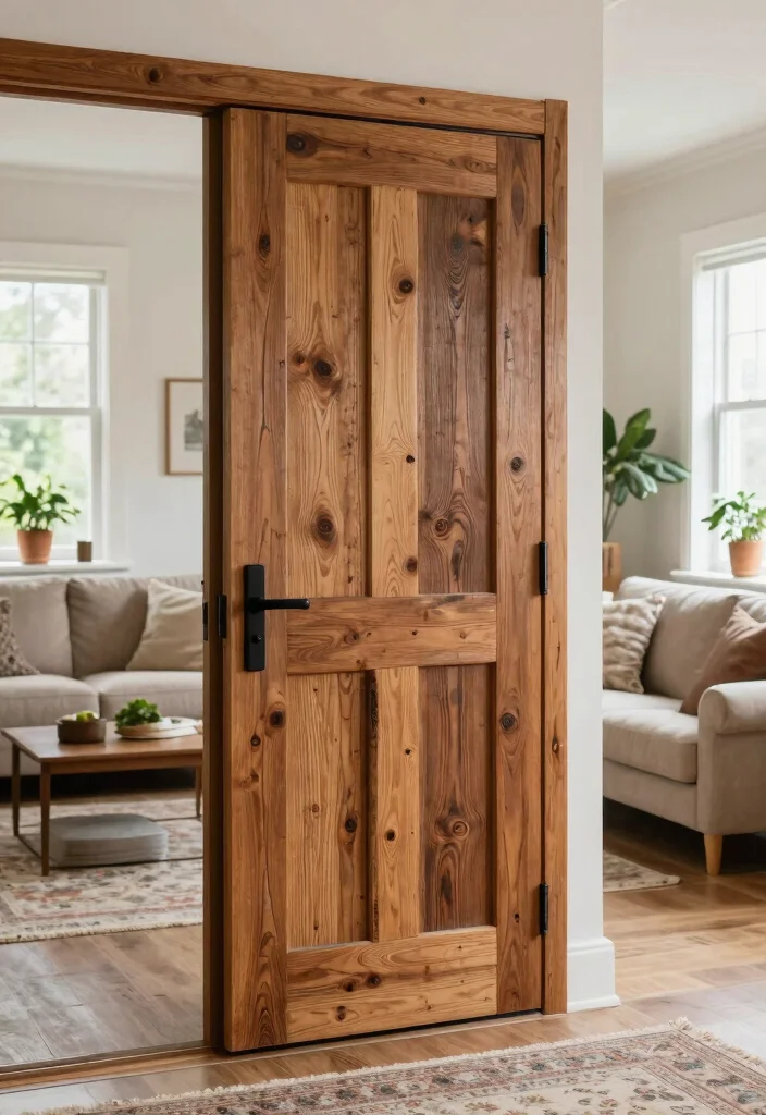 12 Living Room Door Ideas to Improve Flow and Style 3. Reclaimed Wood Panel Doors 0