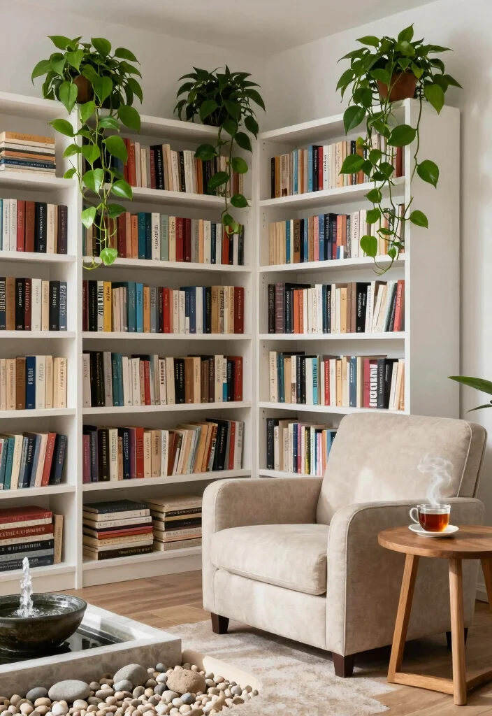 12 Living Room Library Ideas for Reading Corners 1. Lush Greenery and Bookshelves 0