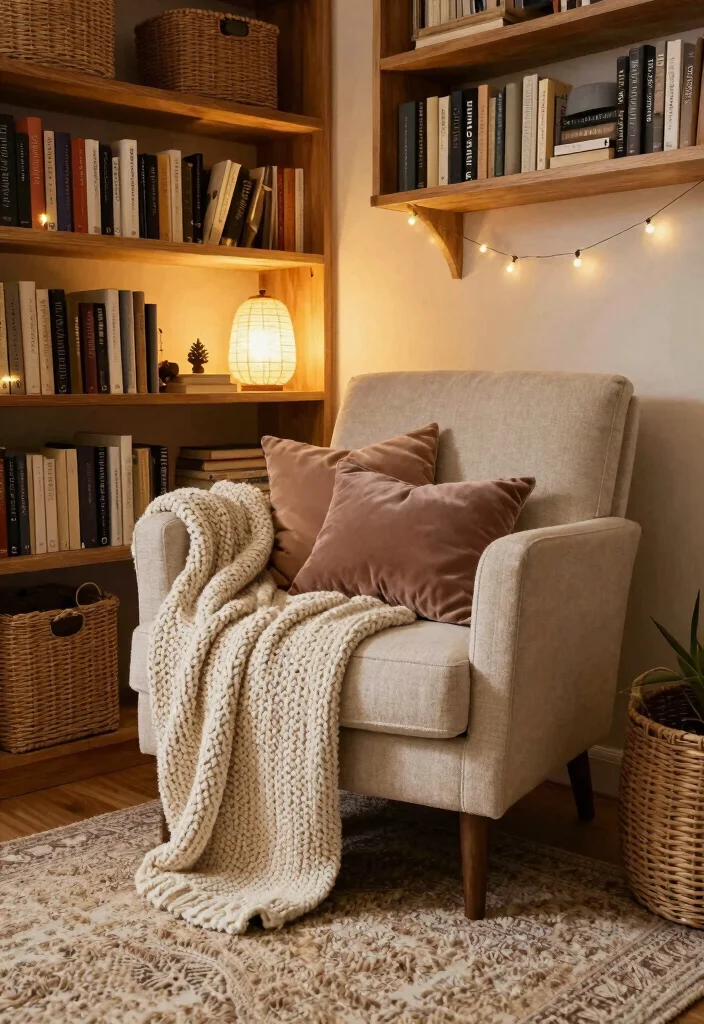 12 Living Room Library Ideas for Reading Corners 12. Cozy Textured Layers 0