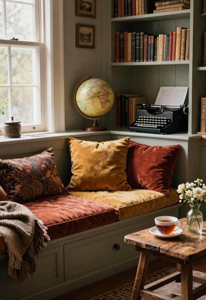 12 Living Room Library Ideas for Reading Corners 2. Vintage Charm with Built in Seating 0