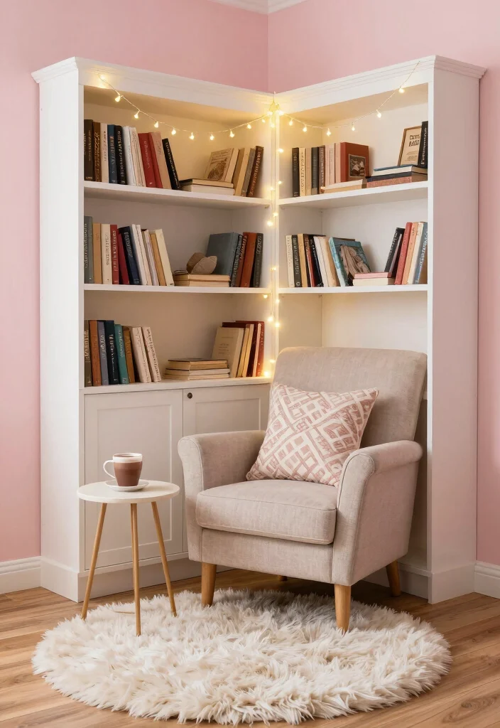 12 Living Room Library Ideas for Reading Corners 4. Cozy Corner with a Soft Color Palette 0
