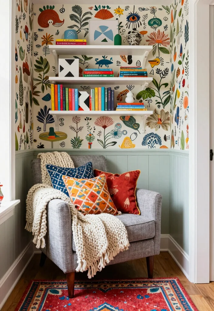 12 Living Room Library Ideas for Reading Corners 7. Playful Patterns and Textures 0